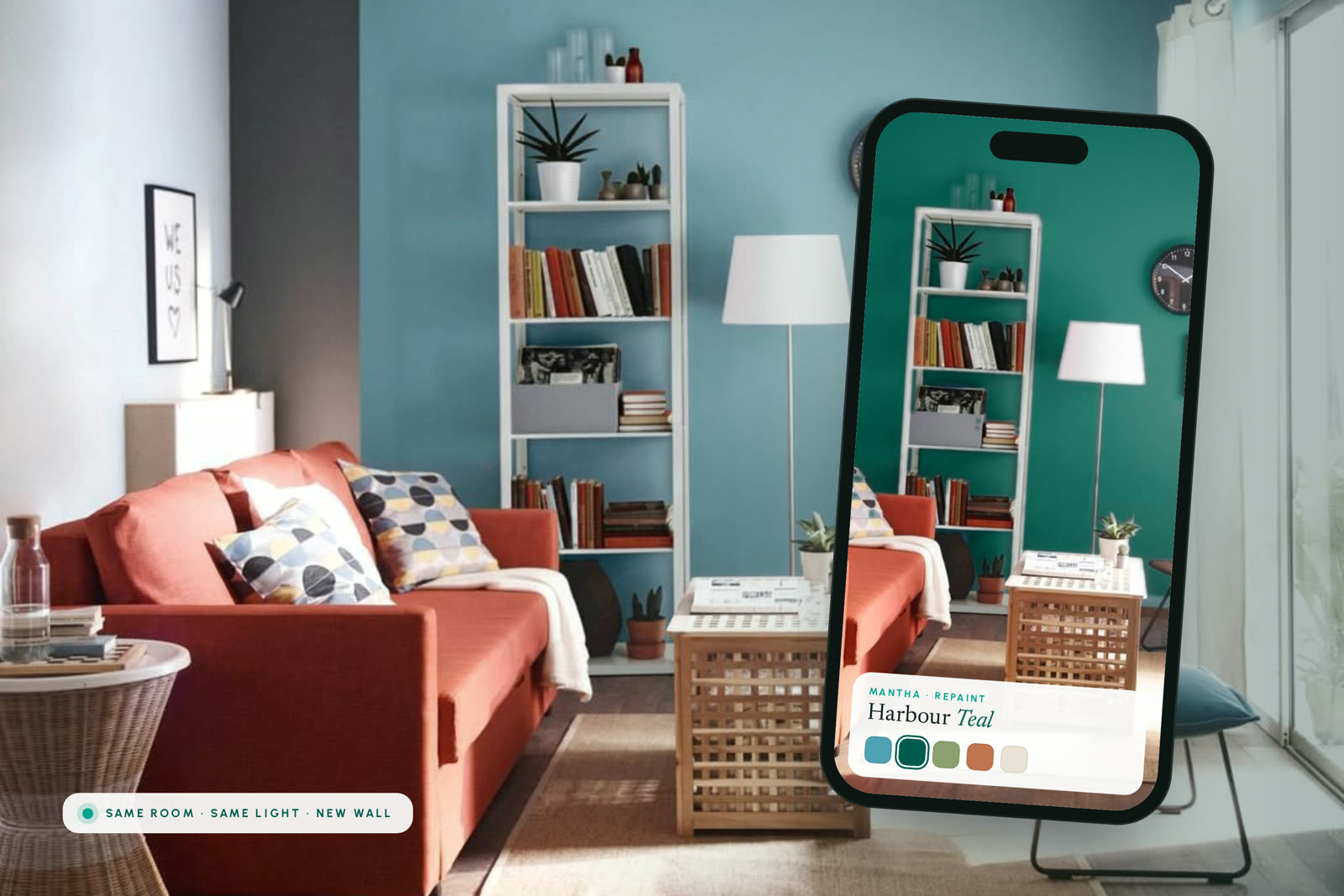 Mantha Repaint previewing Harbour Teal on a living room wall, same room and light, on a phone held up to the real room